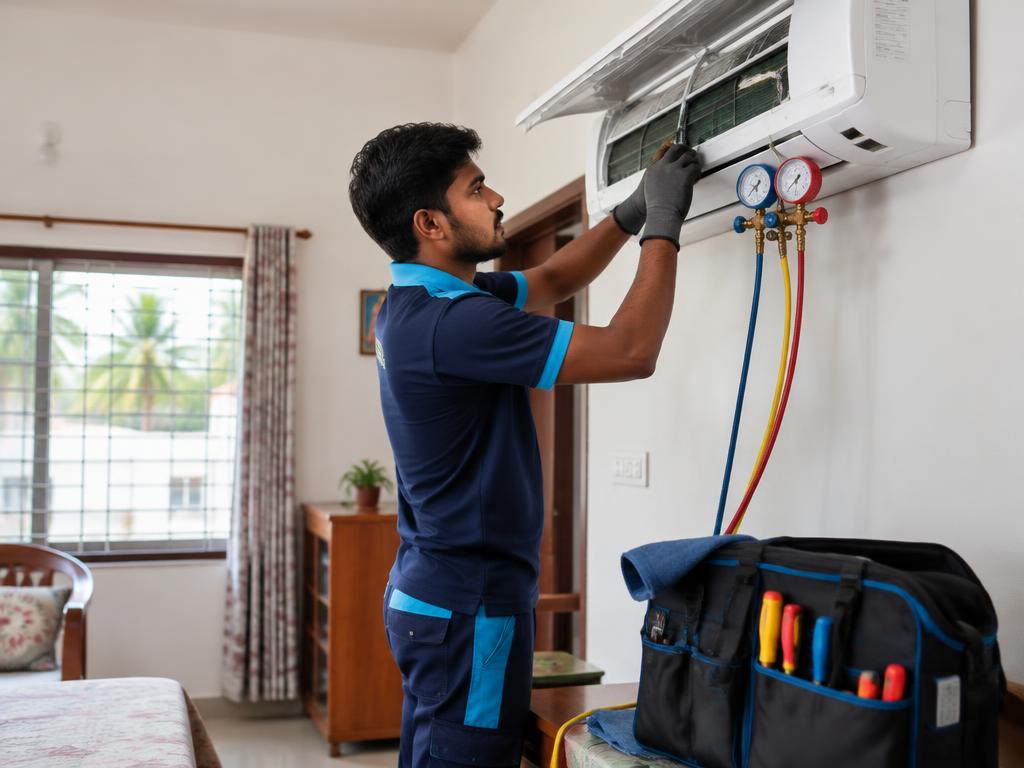 AC Service & Repair technician working in a Tamil Nadu home