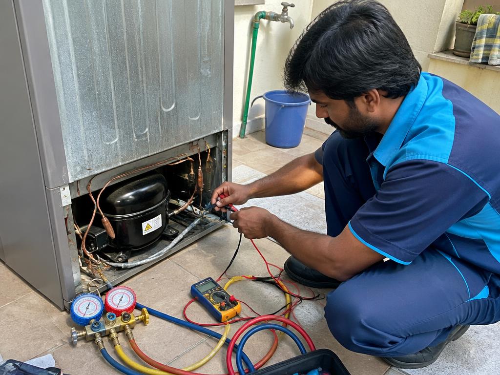 Refrigerator compressor service by an appliance technician