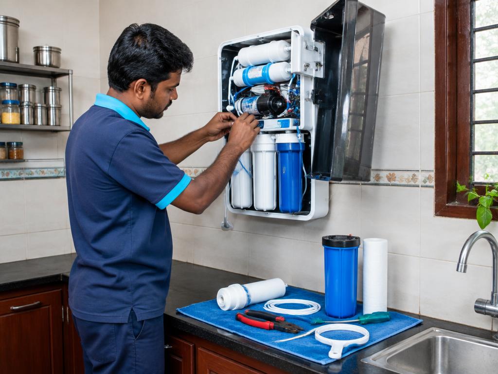 RO Water Purifier Service technician working in a Tamil Nadu home