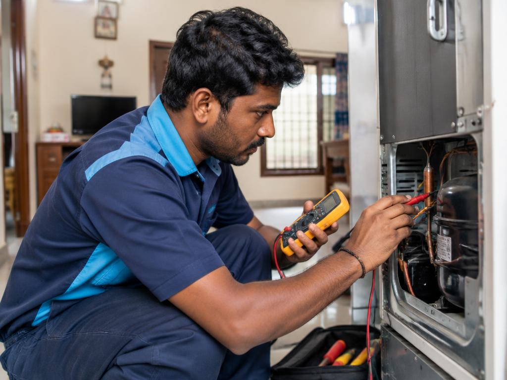 Technician professionally inspecting a refrigerator with a multimeter