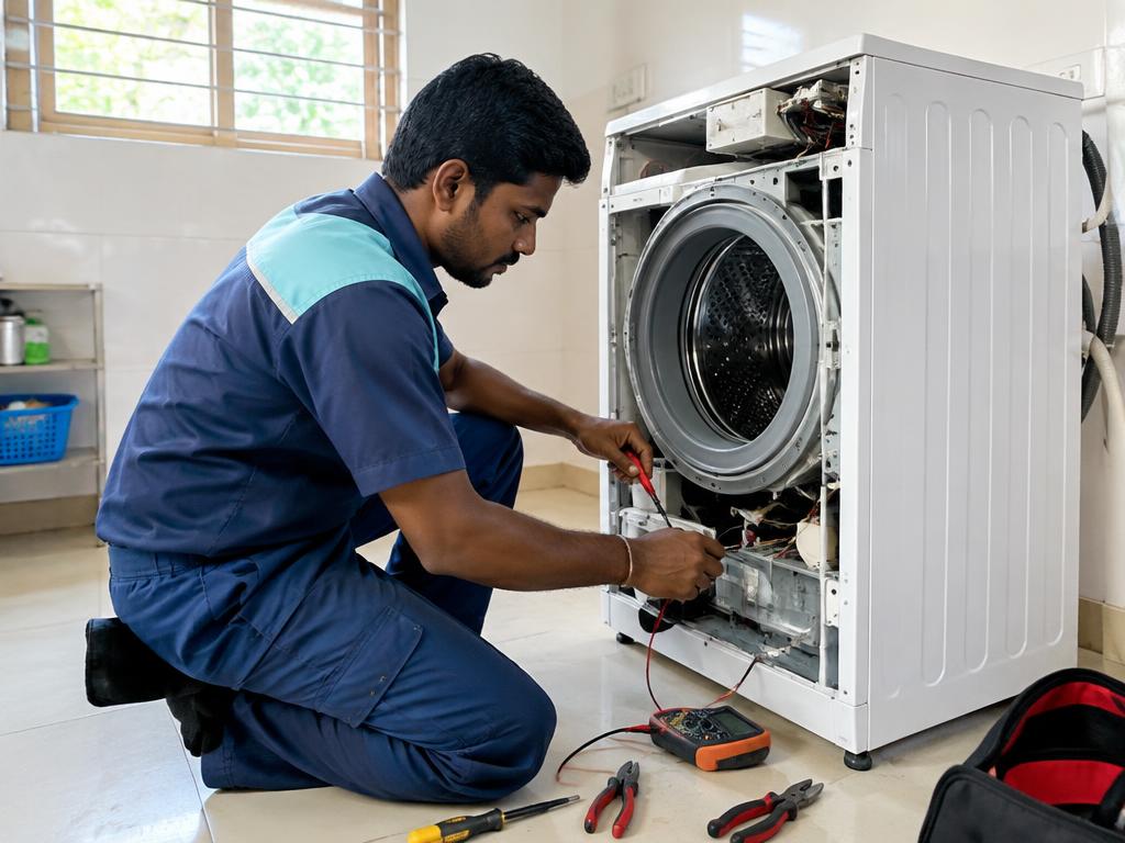 Washing Machine Service technician working in a Tamil Nadu home